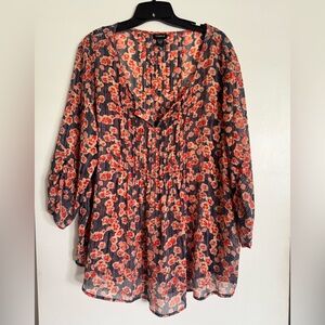 TORRID Poppy Print Pintuck Blouse Top Floral 2X boho feminine semi sheer